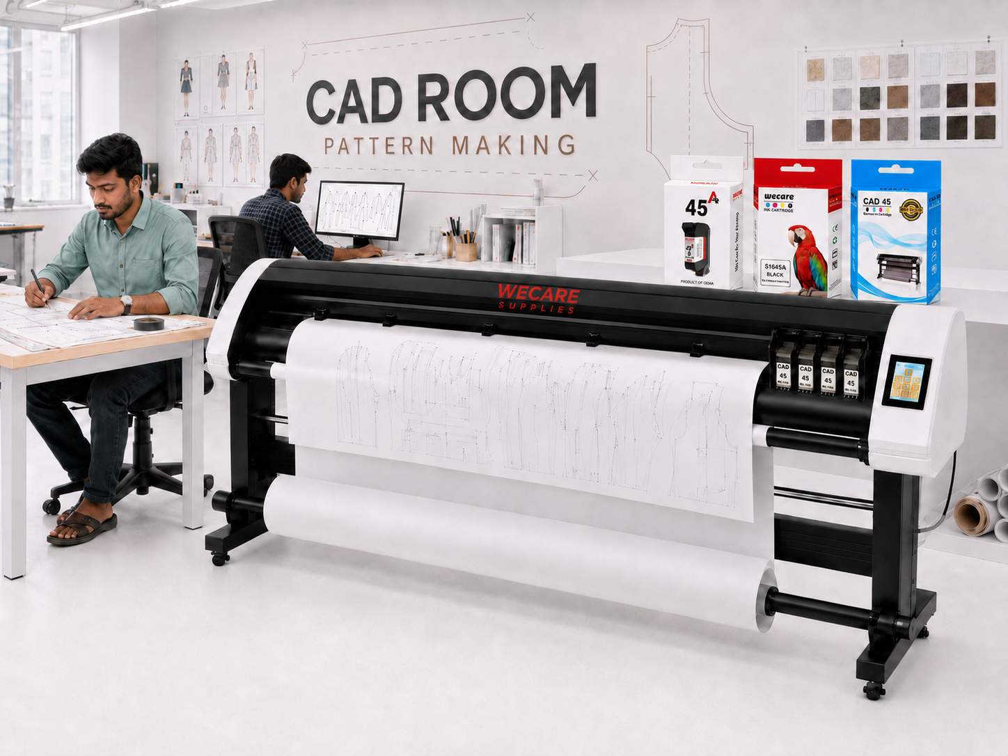 Wecare garment CAD room with plotter, CAD pattern screen, ink cartridge product display and coding machine printing on carton